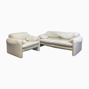 Maralunga Sofa & Sessel aus weißem Stoff Vico Magistretti für Cassina zugeschrieben, 1970er, 2er Set