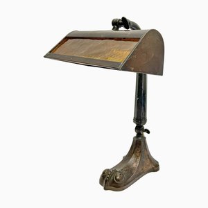 Art Nouveau Bankers Lamp in Brass with Colored Glass Lampshade, 1930s