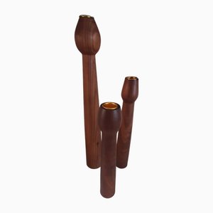 Scandinavian Teak Candlesticks with Brass Inserts, Denmark, 1960s, Set of 3