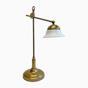 French Brass Adjustable Desk Lamp with Opaline Glass Shade, 1950s