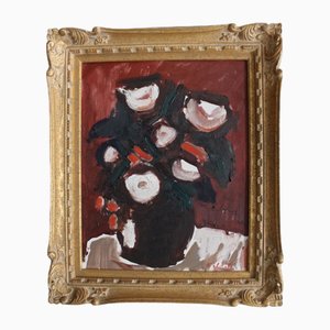 Janis Kalmite, Bodegón con flores, 1985, óleo sobre cartón, enmarcado
