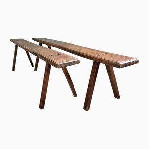 Bancos antiguos de madera, Francia, siglo XIX. Juego de 2