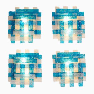 Wall Lamps in White and Blue Murano Glass, 1970, Set of 4