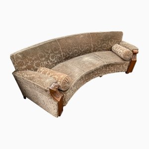Vintage Curved Wood and Velvet Sofa, 1930s