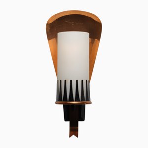 Italian Bronze and Black-Lacquered Steel Wall Sconce with Opaline Glass, 1950s