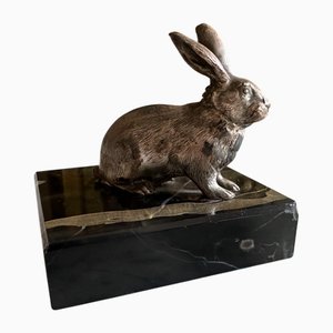 Silver Plated Metal Rabbit on Black Marble Plinth, 1900