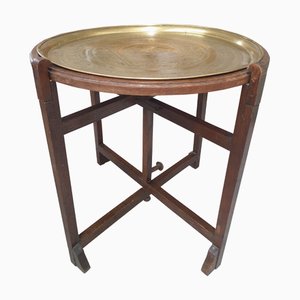 Table Plateau en Laiton avec Socle Pliant en Bois, Maroc, 1960s