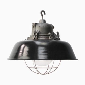Lampe à Suspension d'Usine Industrielle Vintage en Émail Noir et Fonte par Gal