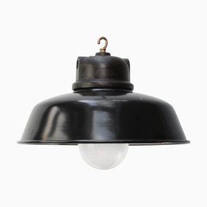 Lampe à Suspension d'Usine Industrielle Vintage en Émail Noir et Fonte par Gal