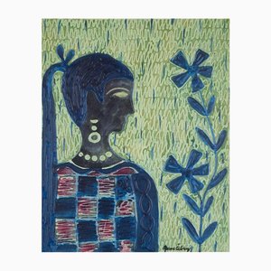 Runo Öberg, Woman and Flower, Mixed Media on Board