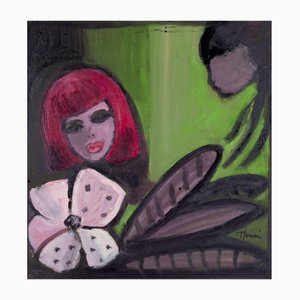 Artiste, Suède, Motif de Deux Femmes et Fleur, 1960s, Huile sur Panneau