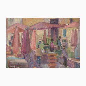 Aksel Møller, Scena di mercato con persone, 1964, Olio su tela