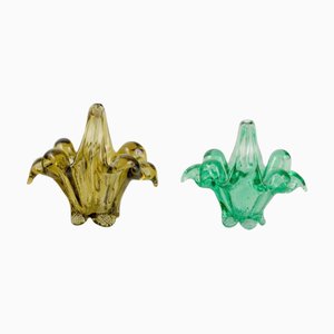 Cestini in vetro soffiato verde, Murano, Italia, anni '70, set di 2