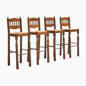 Vintage Art Deco Bar Stools in Oak and Rush, 1920s, Set of 4