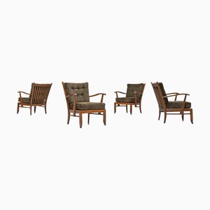 Vintage French Lounge Chairs in Oak and Velvet, 1940s, Set of 4