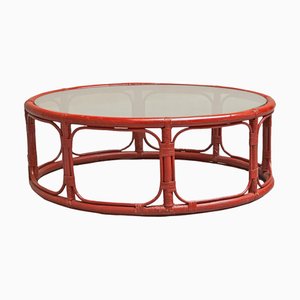 Mesa de centro Sang De Boeuf lacada en rojo de bambú y vidrio, años 60