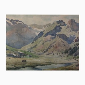 Lluís Lleó Arnau, Berglandschaft mit Alpenbach, Aquarell