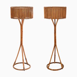 Lámparas de pie de bambú, ratán y mimbre atribuidas a Franco Albini, Italia, años 60. Juego de 2