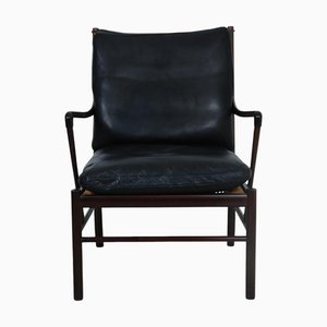 Colonial Chair in Mahogany and Black Leather by Ole Wanscher, 1970s