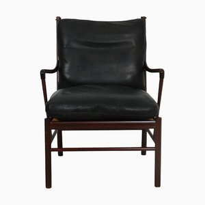 Colonial Chair in Mahogany and Black Leather by Ole Wanscher, 1970s