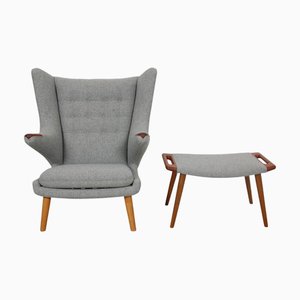 Set of Papa Bear Chair and Ottoman in Grey Hallingdal Fabric by Hans Wegner, 1960s