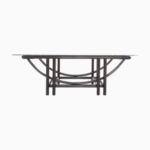 Mesa de centro de ratán con tablero de vidrio, años 70