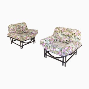 Fauteuils en Rotin avec Coussins Floral, 1970s, Set de 2