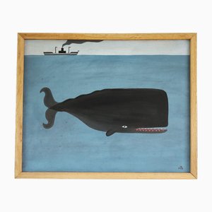 Matt Rix, nave a vapore e capodoglio, pittura a olio, con cornice