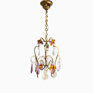 Small Vintage French Chandelier in Brass and Murano Glass, 1960s