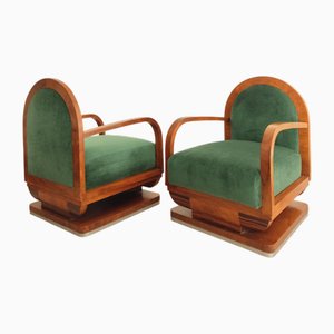 Butacas Art Déco de madera y terciopelo de mohair. Juego de 2