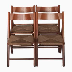 Wooden and Rush Folding Chairs, 1980s, Set of 4