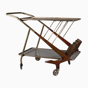 Servierwagen aus Holz & Messing mit Glasplatte, 1950er