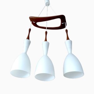 Lampada a sospensione grande in teak e vetro, Scandinavia, anni '50 di Rispal