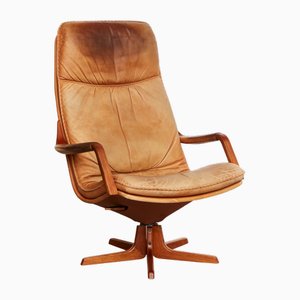 Fauteuil Pivotant à Dossier Haut en Teck et Cuir de Berg, 1970s