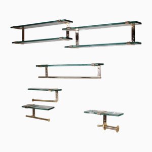 Glass and Brass Bathroom Set in the style of Fontana Arte, Set of 6