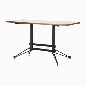 Italian Table with Black Lacquered Iron Frame and Asymmetrical Table Top with Inlaid Clear Glass
