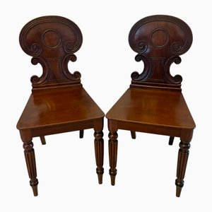 Antique Regency Carved Figured Mahogany Hall Chairs, 1830s, Set of 2