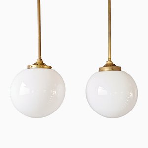 Large Art Deco Pendant Lights in Brass and White Opaline, 1920s-1930s, Set of 2