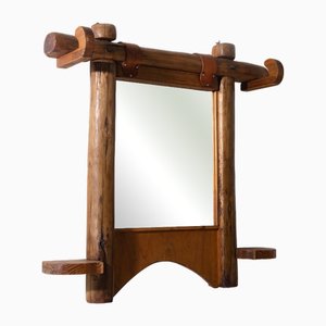 Wandspiegel aus Blockholz & Leder, Frankreich, 1970er
