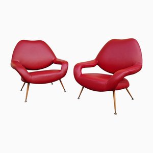 Set of Model DU55 Chairs in Red Leather by Gastone Rinaldi for Poltrona Frau, 1954