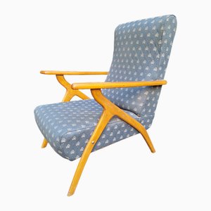Vintage Lounge Chair in Light Wood and Blue Fabric by Antonio Gorgone, Naples, 1950s