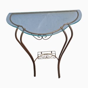 Table Console Vintage en Laiton avec Plateau en Verre, 1950s