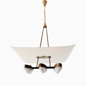 Vintage Chandelier in Brass with Satin Glass by Angelo Lellii for Arredoluce, 1950s