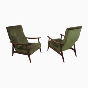 Set of Vintage Wooden Chairs with Padded Seat in Green Fabric, 1950s