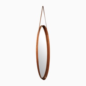 Specchio vintage in legno di teak con cordino in pelle, anni '60