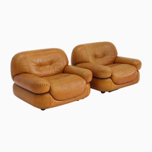 Vintage Italian Cognac Leather Lounge Chairs from Mobil Girgi, 1970s, Set of 2