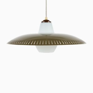 Metal Pendant with Perforated Pattern and Opaline Glass in the style of Bent Karlby, 1950s