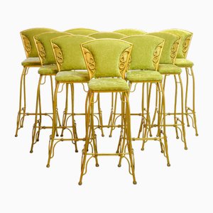 Tabourets de Bar Cobra Doré avec Tapisserie en Velours Vert Citron Frais, 1970s, Set de 6