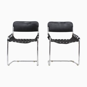 Set of Vintage Italian Chairs in Black Leather and Chrome, 1970s