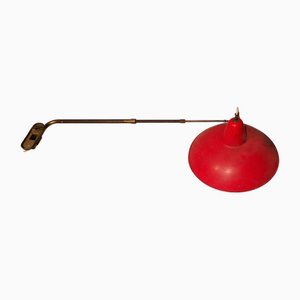 Vintage Wall Lamp in Brass with Double Extension and Red Lampshade, 1950s
